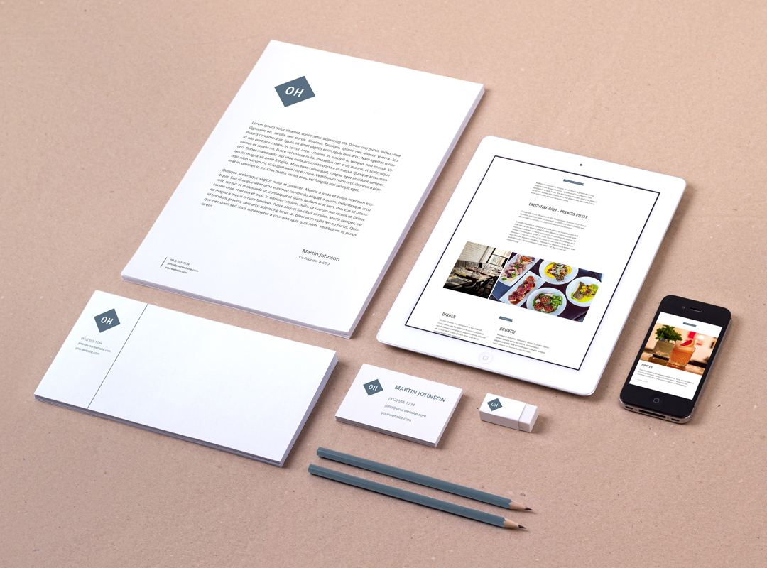 website and business card for One Hundred Restaurants